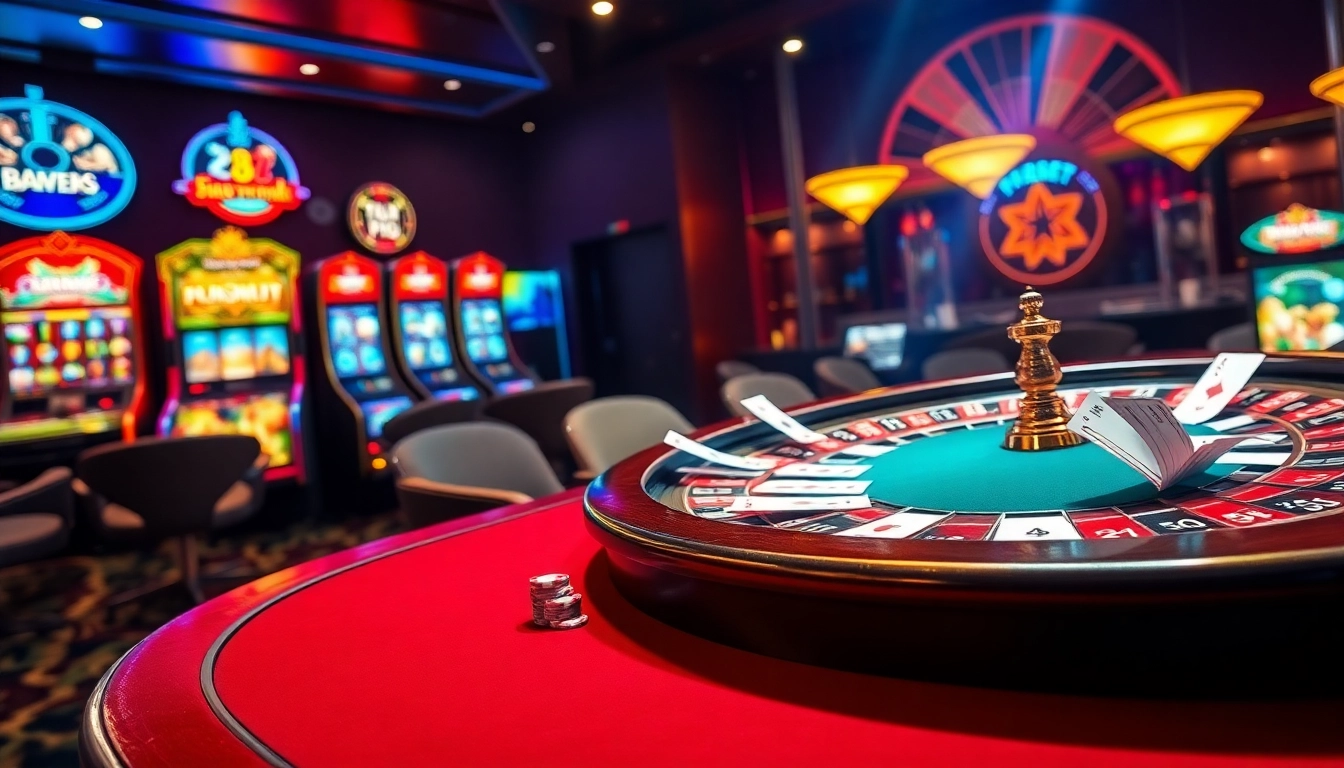 Experience the thrill of gambling with F8BET, showcasing an elegant poker table and vibrant slot machines in a luxurious casino environment.