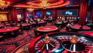 Engage with thrilling casino action at F168, featuring roulette wheels and poker tables in a vibrant setting.