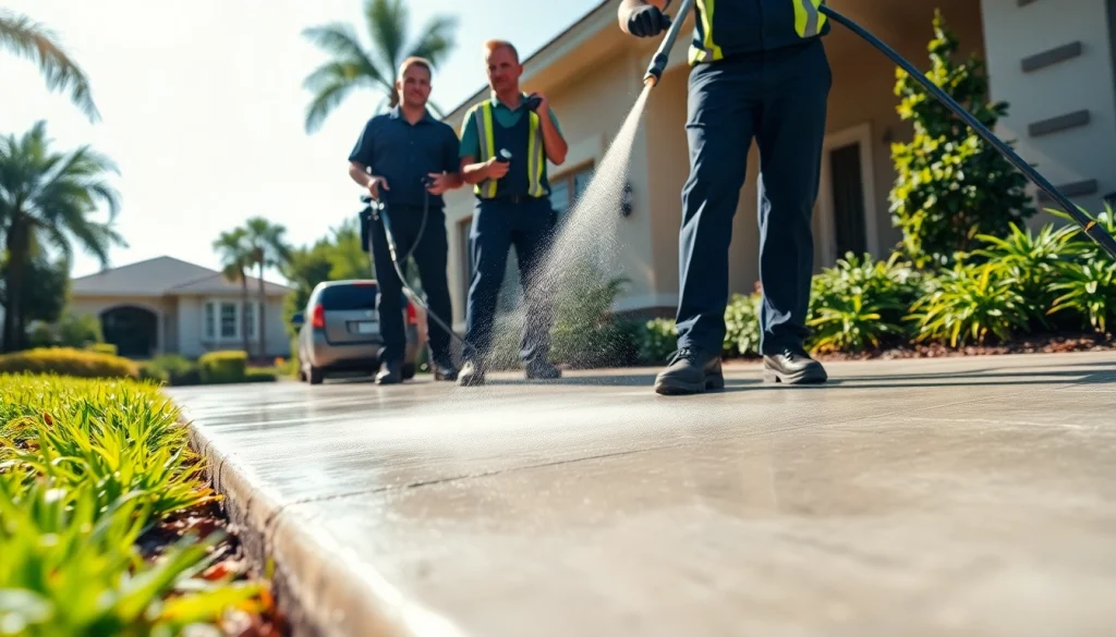 Concrete cleaning service revitalizing a driveway in Kissimmee, FL.
