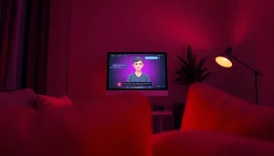 Engaging in sex chat AI with a friendly virtual character in a cozy environment.
