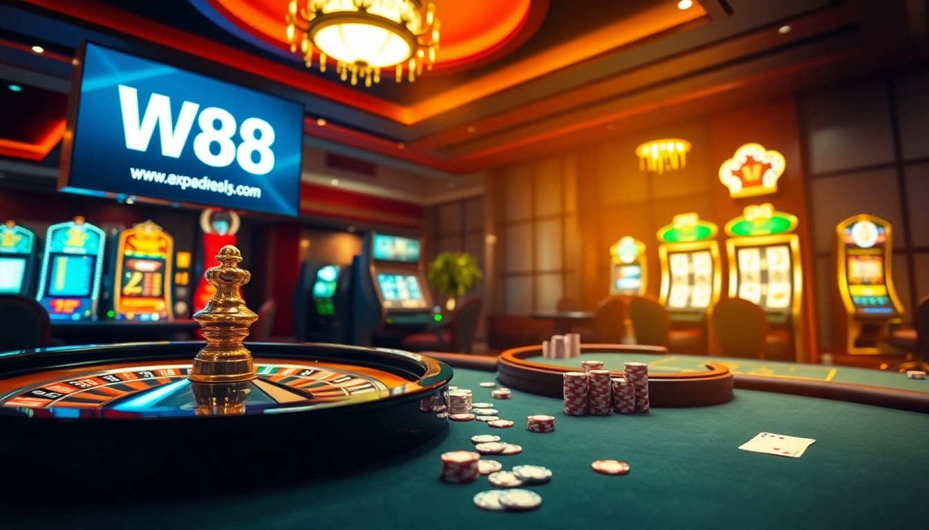 Experience the thrill of the casino with the W88 link prominently displayed in an immersive gaming environment.