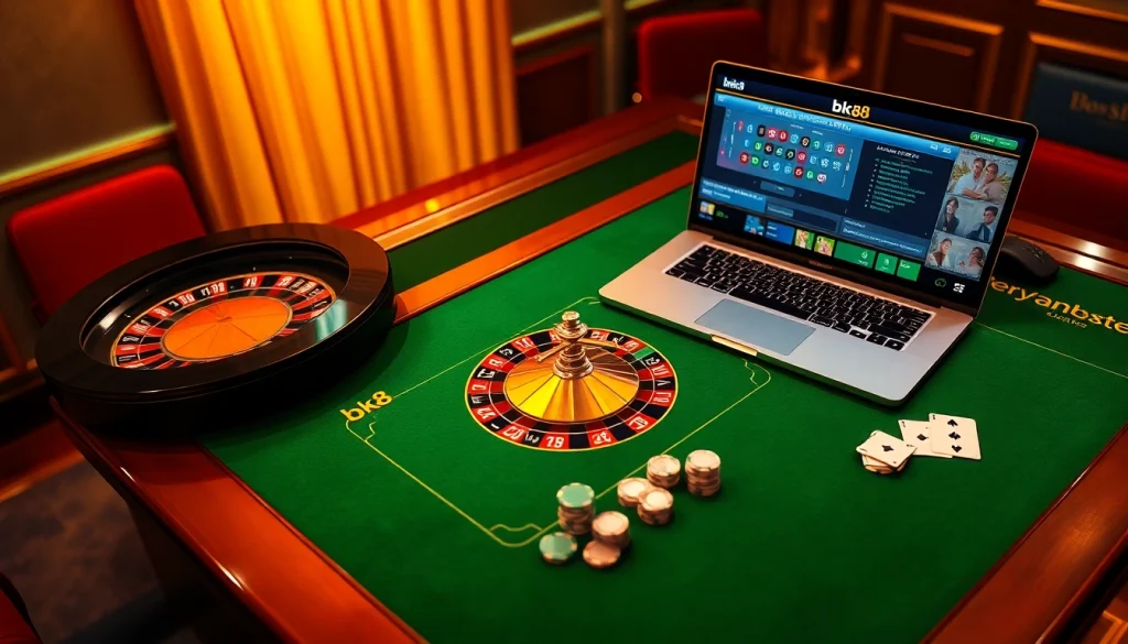Experience excitement at bk8 with a vibrant casino scene featuring roulette and poker.