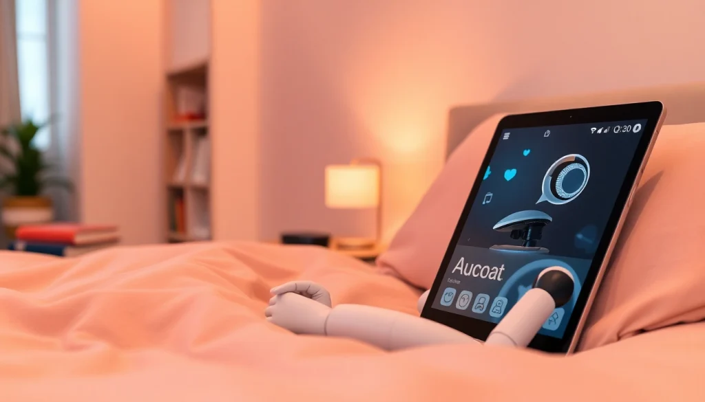 Engaging ai chat sex experience with a friendly AI chatbot in an intimate bedroom.