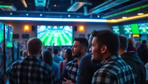 Enthusiastic bettors engaging in online sportsbooks Oklahoma in a lively sports bar atmosphere.