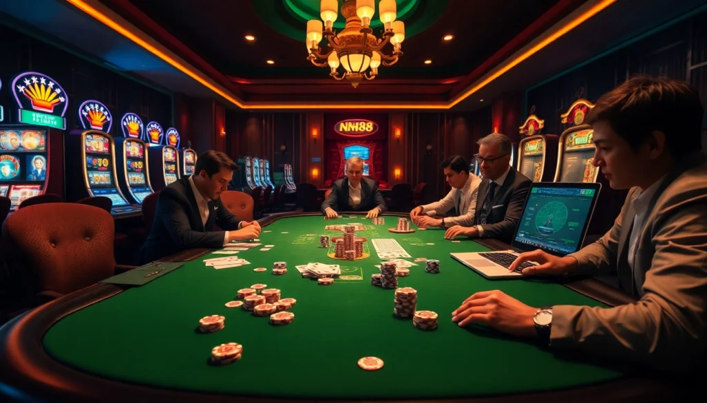 Players engaging at a luxurious gaming table on trang chủ nh88 with cards, dice, and vibrant slot machines.