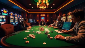 Players engaging at a luxurious gaming table on trang chủ nh88 with cards, dice, and vibrant slot machines.