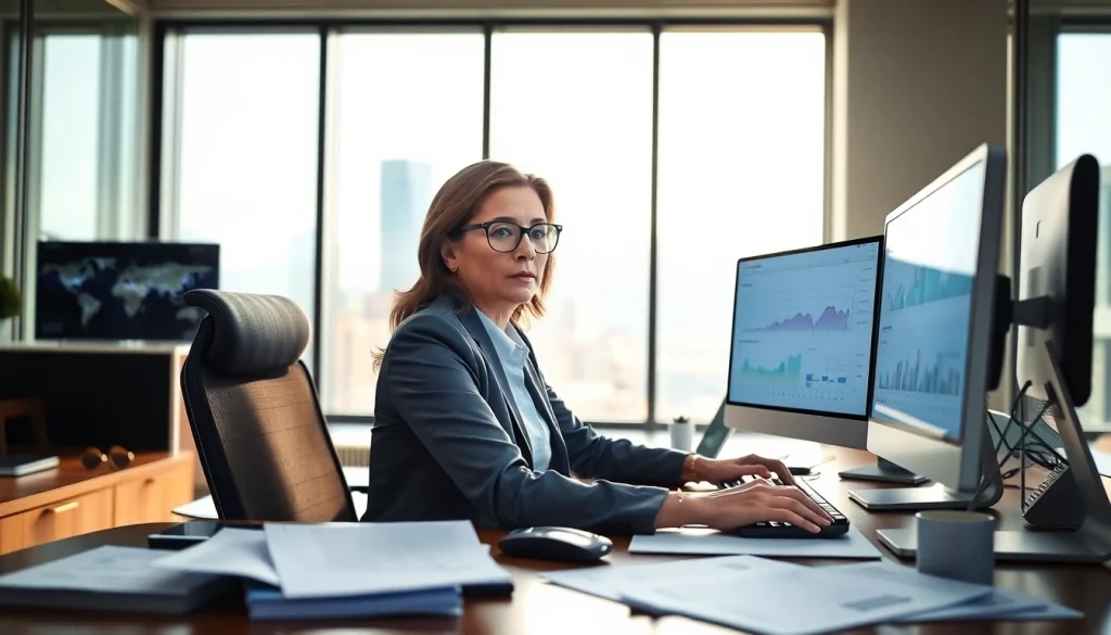 Analyze pre and post award compliance data in a modern office setting with a professional consultant.