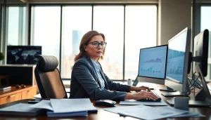 Analyze pre and post award compliance data in a modern office setting with a professional consultant.