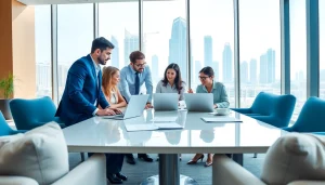 Engaging teamwork among Business Consultants in Dubai in a bright modern office.