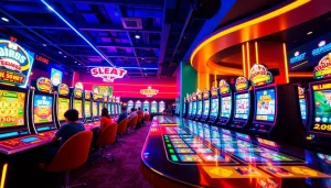 A vibrant gaming scene capturing the essence of hoki138 pro with digital slot machines and enthusiastic players.