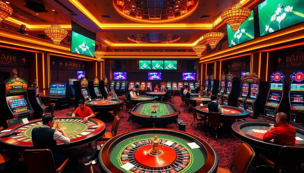 Bong da lu scene displaying excited players at poker tables and vibrant casino atmosphere.