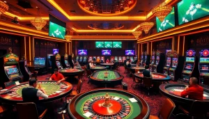 Bong da lu scene displaying excited players at poker tables and vibrant casino atmosphere.