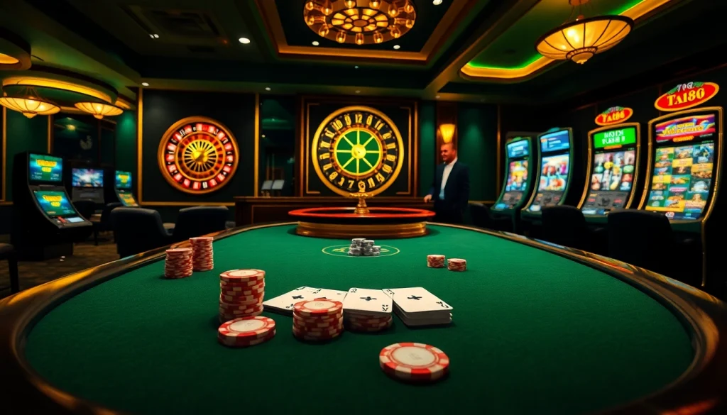 Experience thrilling bets at tk88's elegant casino setting with poker and vibrant slot machines.