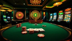 Experience thrilling bets at tk88's elegant casino setting with poker and vibrant slot machines.