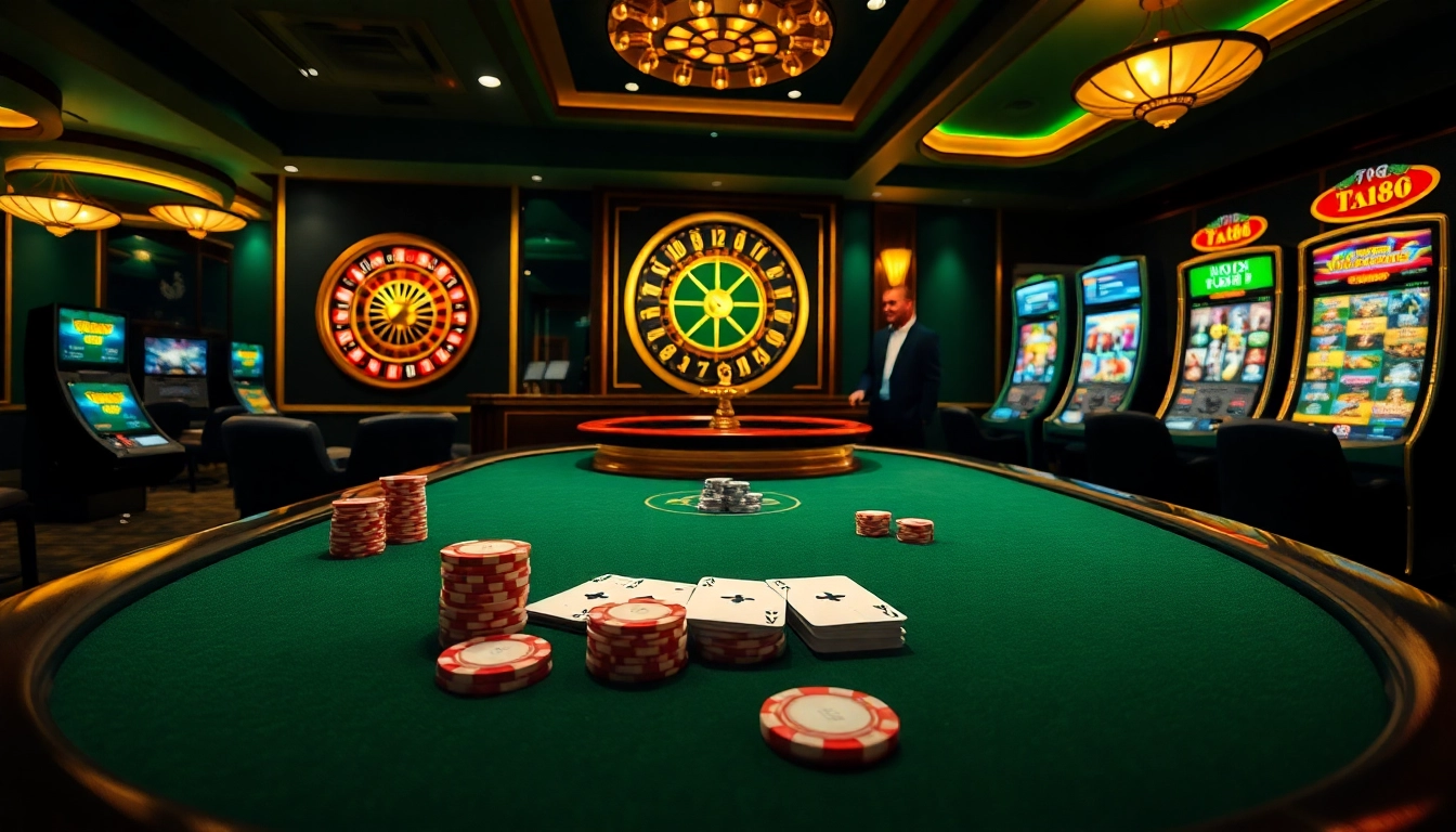 Experience thrilling bets at tk88's elegant casino setting with poker and vibrant slot machines.
