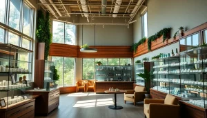 Visit a dispensary near me open with an inviting interior showcasing cannabis products.