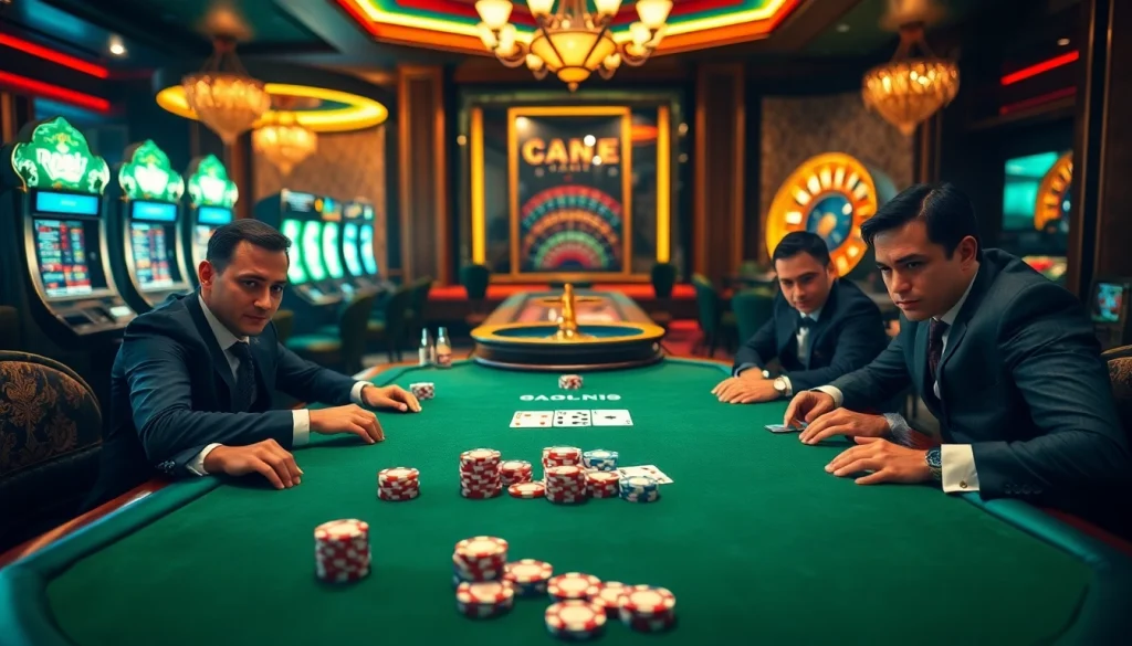 Engaging poker game at Trang Chủ BJ88 with vibrant chips and intense players.