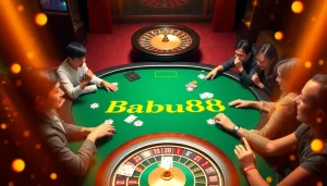 Babu88 poker table action with colorful chips and cards in an exciting casino setting