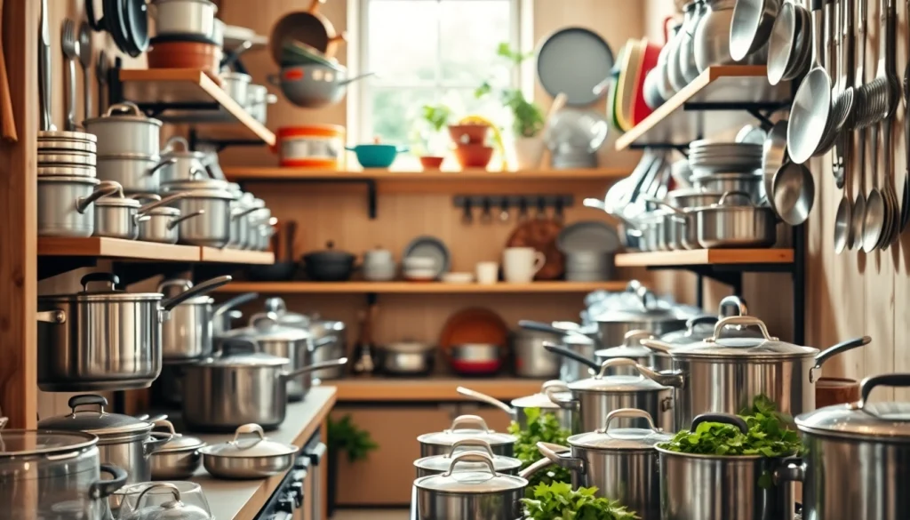 Cookware shop Auckland with a vibrant display of pots and pans in a warm kitchen.