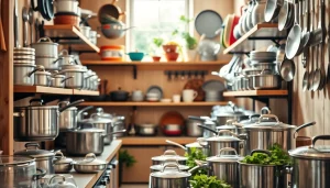 Cookware shop Auckland with a vibrant display of pots and pans in a warm kitchen.