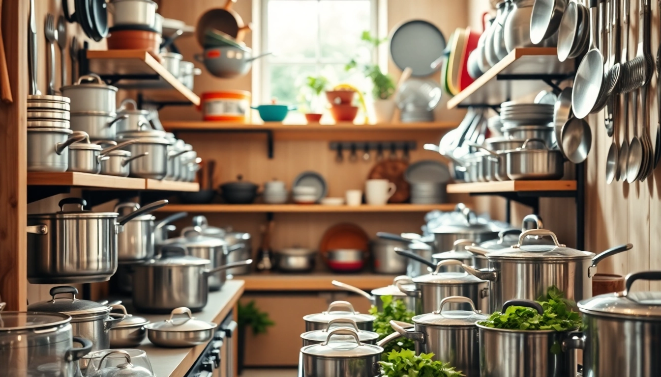 Cookware shop Auckland with a vibrant display of pots and pans in a warm kitchen.