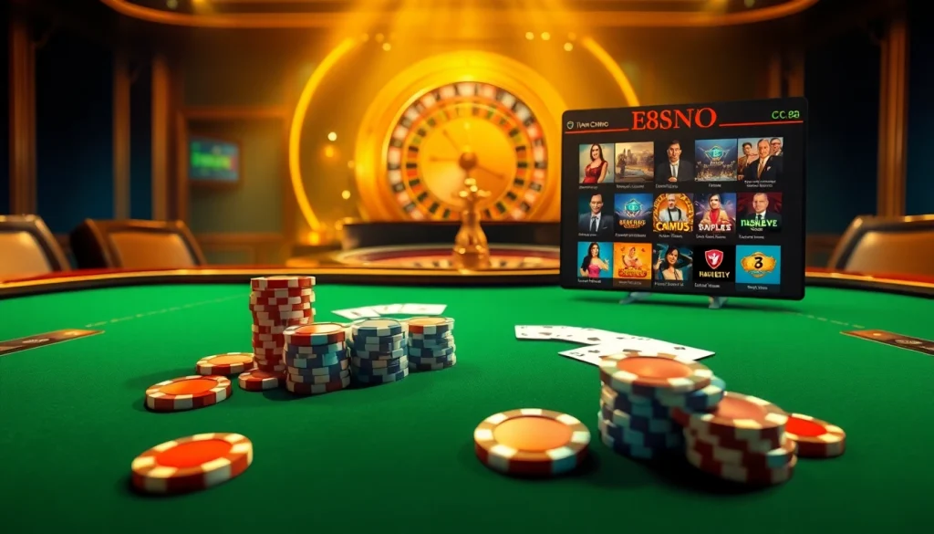 Experience the excitement of gambling on the trang chủ 88clb with a vibrant poker table and roulette wheel.