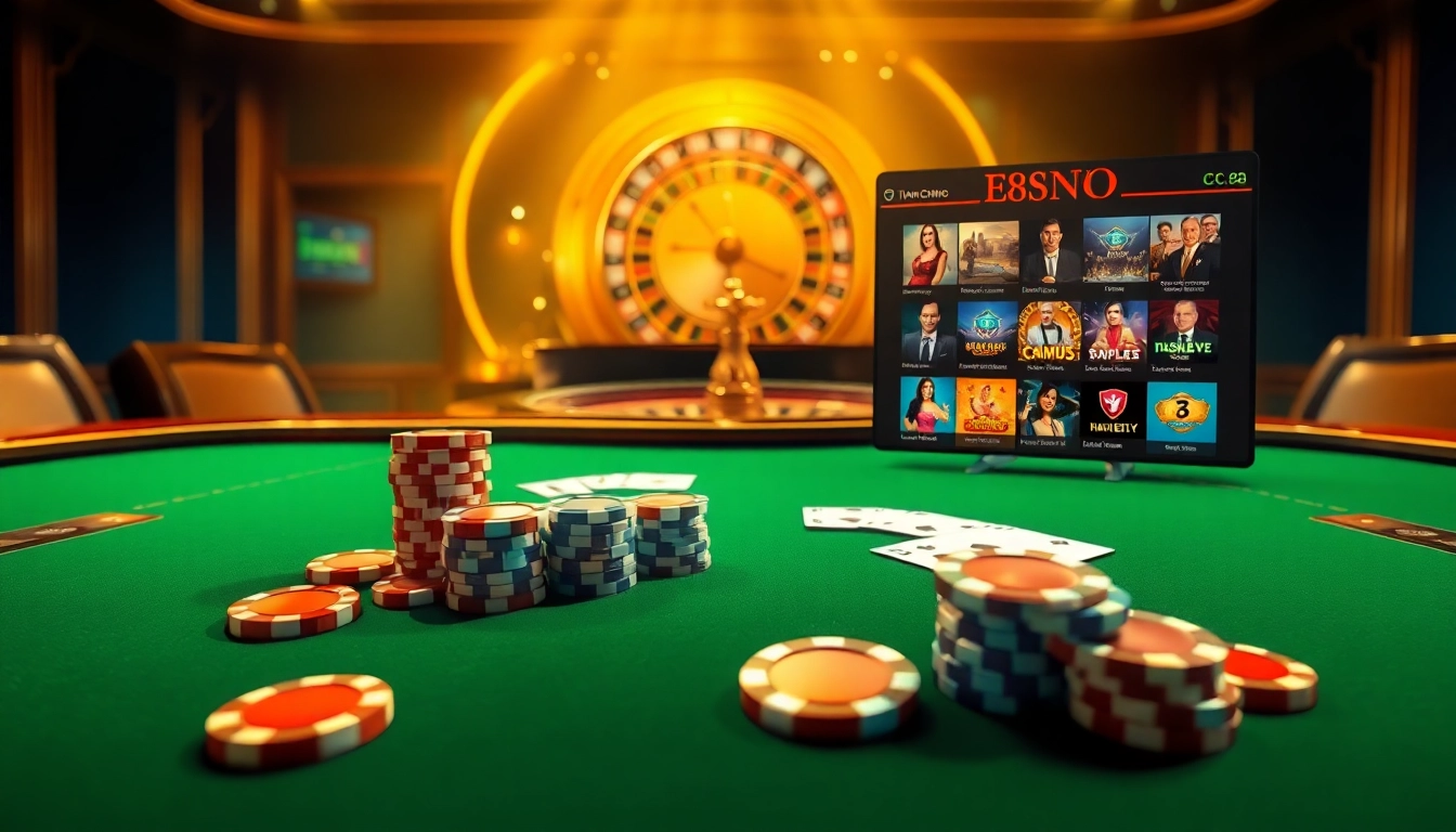 Experience the excitement of gambling on the trang chủ 88clb with a vibrant poker table and roulette wheel.