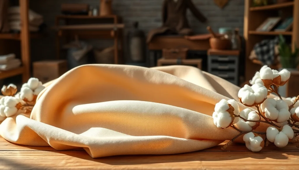 Katoen stof met rijke textuur en warme kleurtonen op een houten tafel.