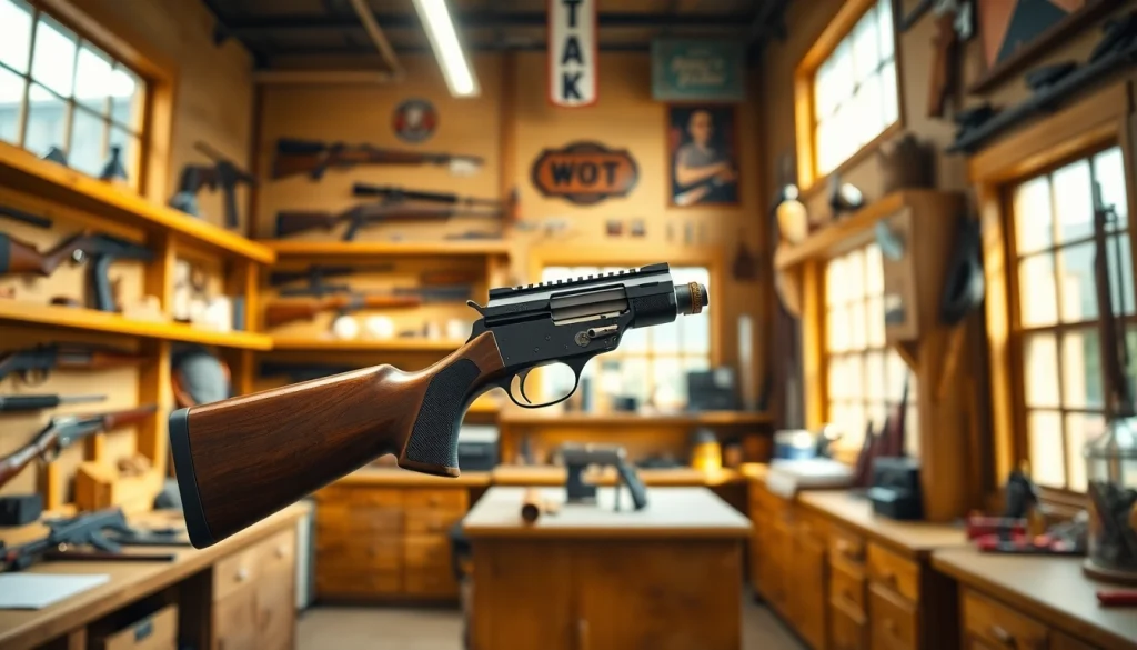 Highlighting the WOT trigger price with an elegant display of various gun accessories in a professional setting.