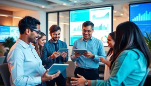 Easy business solutions showcased in a collaborative modern office with diverse professionals.