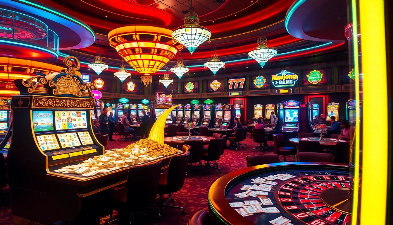 This dynamic casino scene features the mahjong slot demo machine, vibrant players at poker tables, and a glowing roulette wheel.