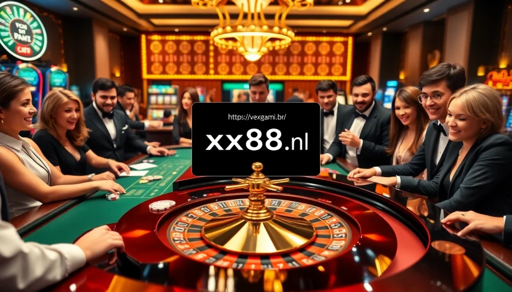 Players engaging at a vibrant casino table representing https://xx88.nl/ with casino chips and cards.