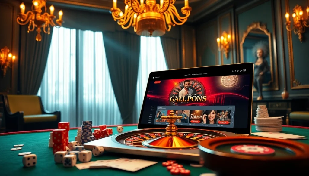 Experience the excitement of go8 đăng nhập with a luxurious online casino setting featuring poker chips and roulette wheels.