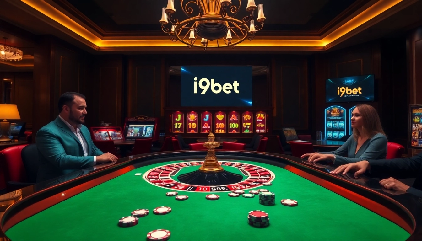 I9bet players engaging in an exciting roulette game in a luxury casino.