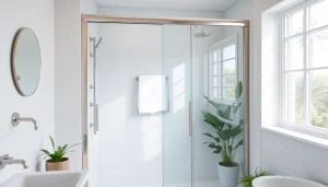 Showcase sliding glass shower doors highlighting clear glass and modern fixtures in a stylish bathroom.