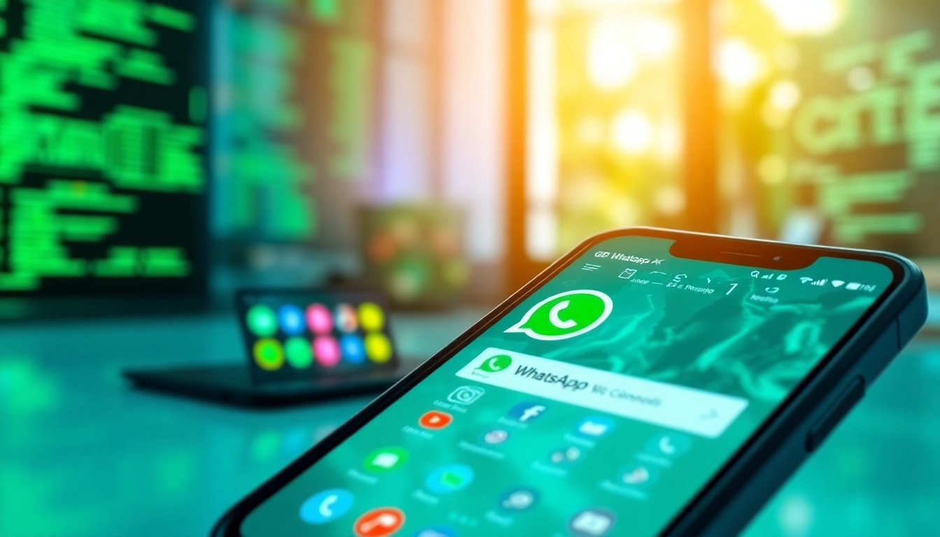GB WhatsApp APK on a smartphone showcasing colorful themes and innovative features in a techy environment.