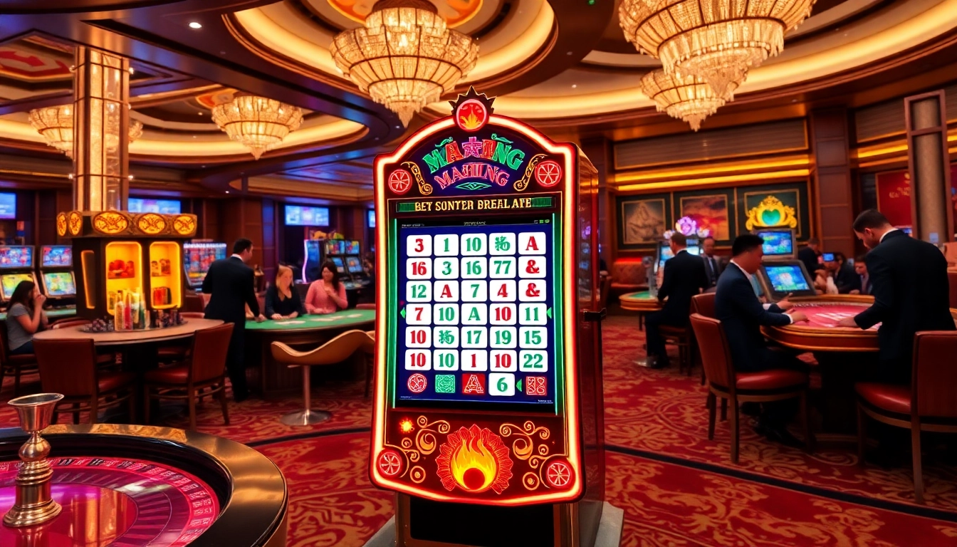 Berpartisipasi dalam demo mesin slot Mahjong di lingkungan kasino mewah dengan lampu berwarna-warni dan suasana yang hidup.