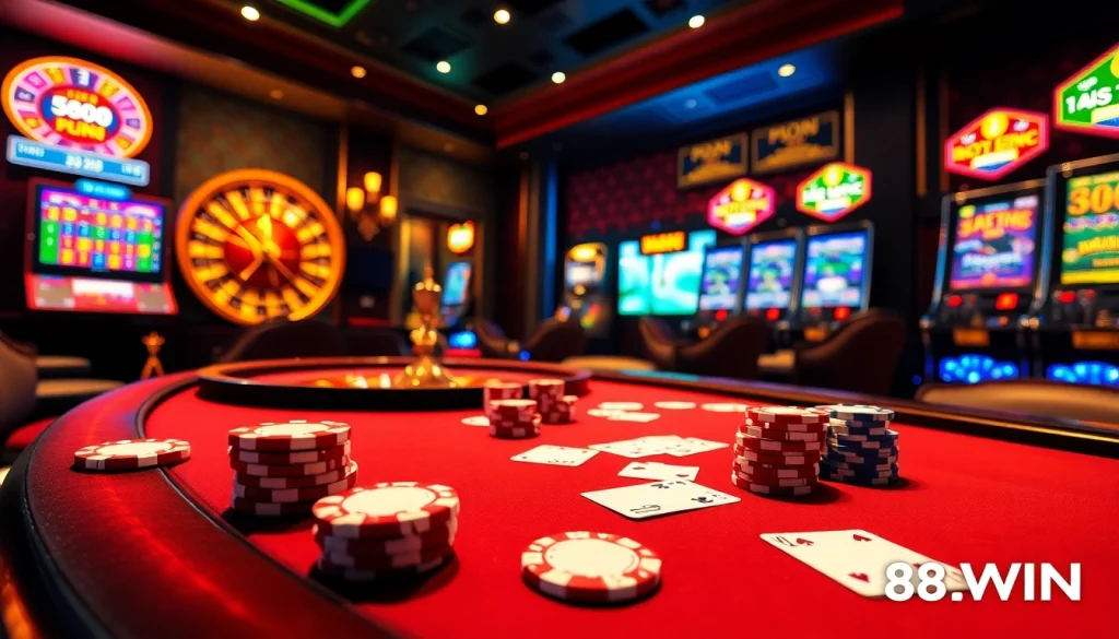 Experience the thrill of 98WIN at an upscale casino with vibrant poker tables and roulette wheels.