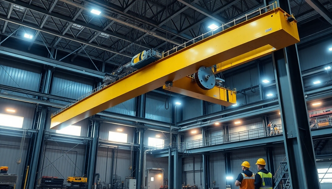 Double girder bridge crane lifting heavy loads in an industrial setting with safety personnel observing.