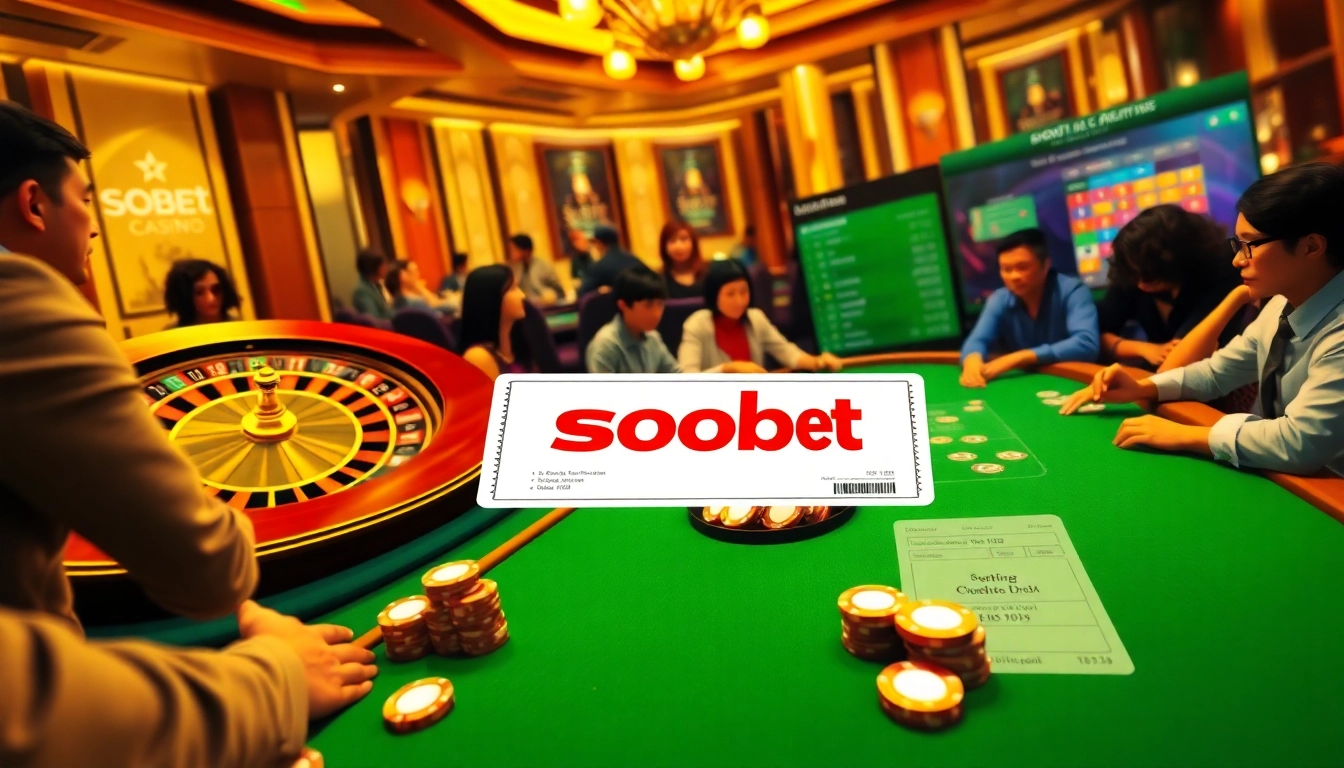 Engaging sbobet sports betting scene with players at a roulette table and poker games.