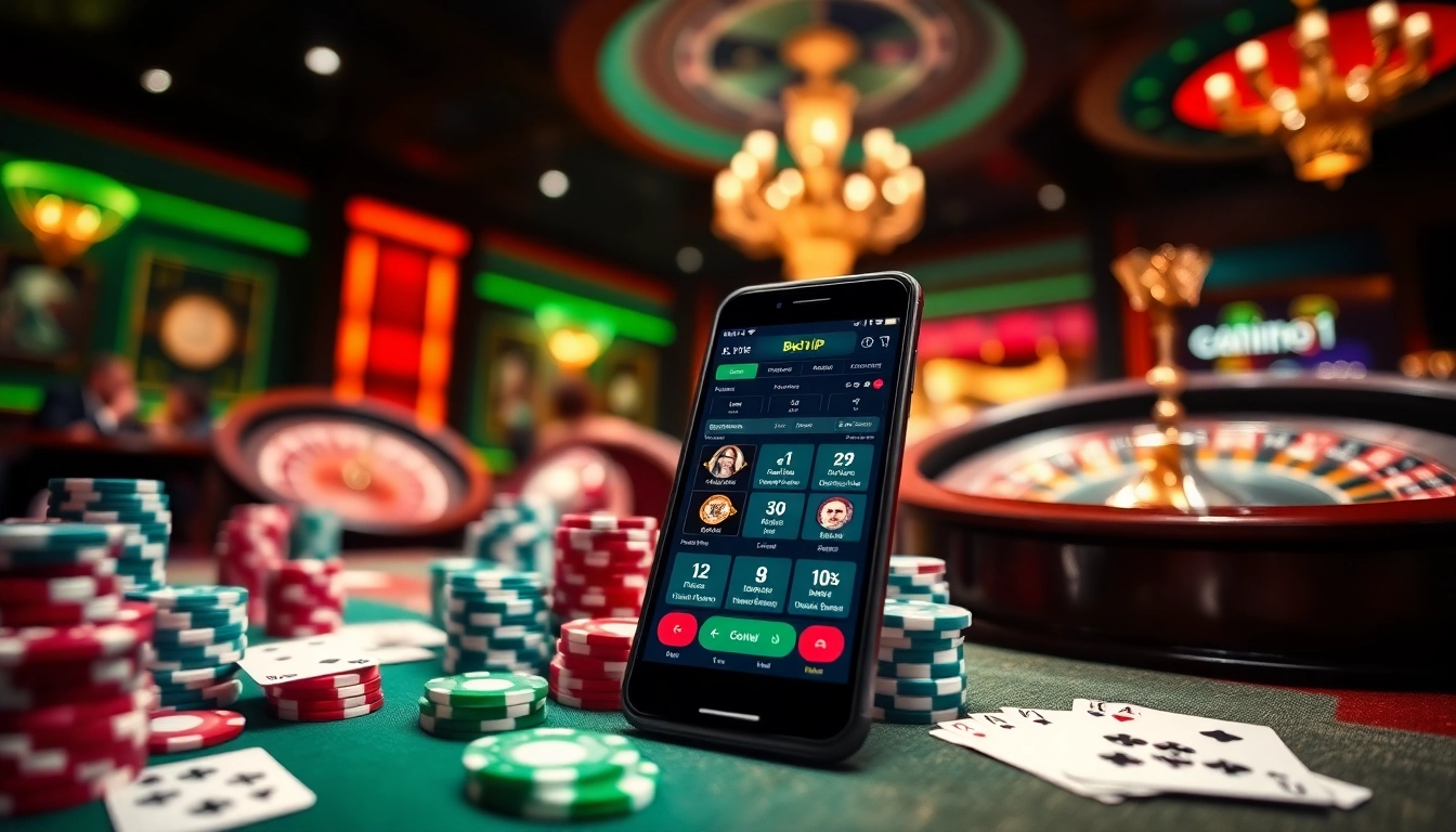 Người chơi tham gia cùng ứng dụng Bet VIP giữa các yếu tố sòng bạc sống động như chip poker và bánh xe roulette.