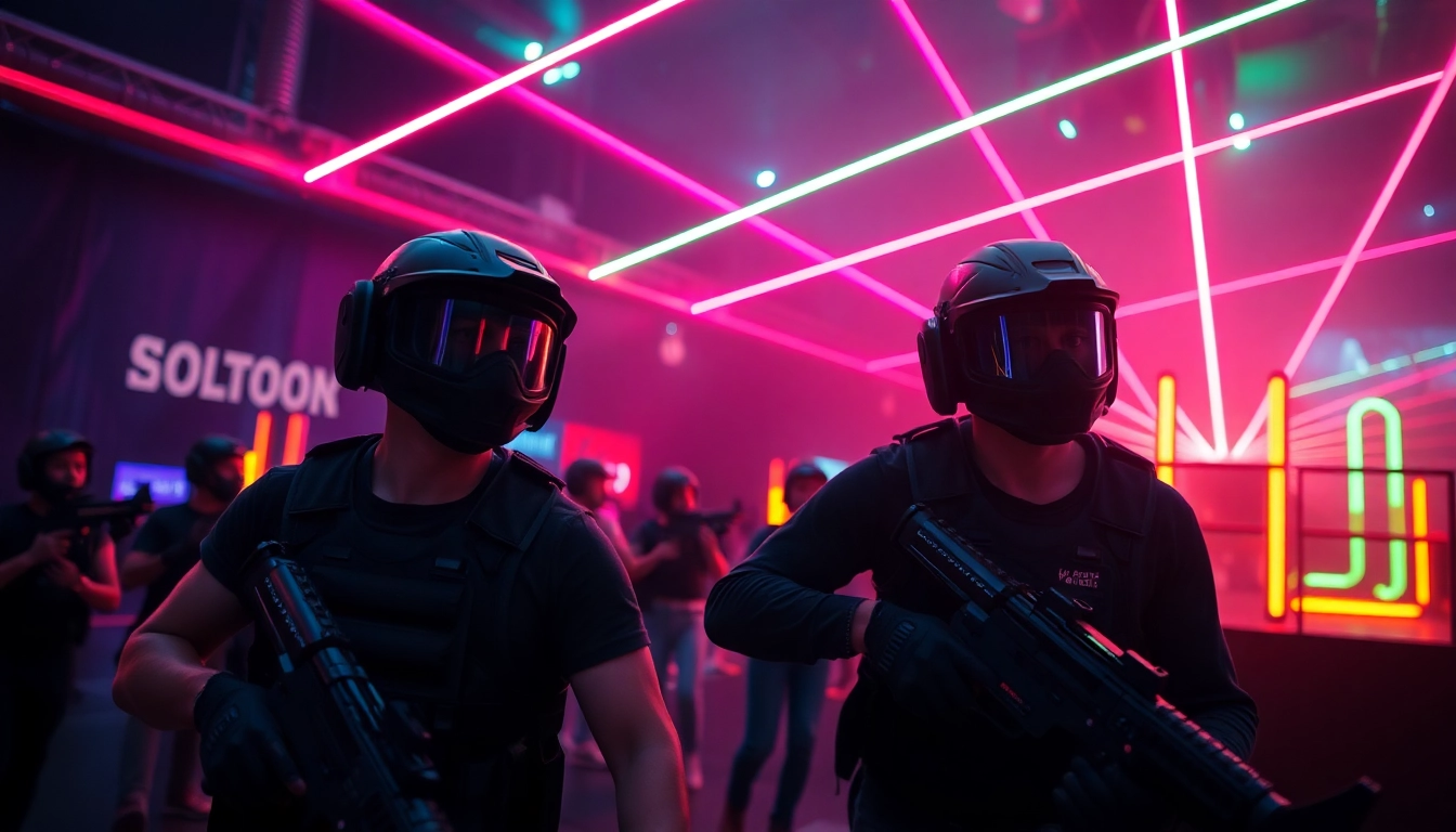 Players engaging in a fast-paced Laser tag battle in a vibrant arena with glowing elements.