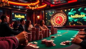 Excited gamblers engage in a thrilling poker game at hello88 casino.