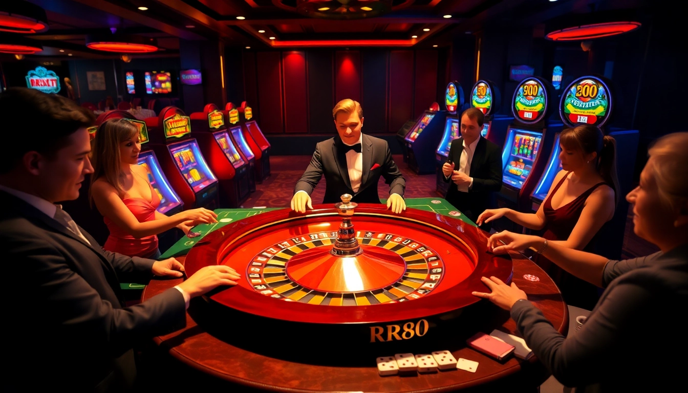 Gambling excitement at RR88 with a roulette wheel and eager players in a luxury casino.