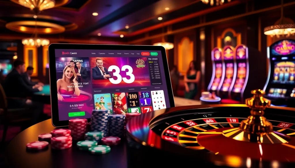 33win online gambling interface showcased in a luxurious casino environment with elegant poker tables and vibrant colors.