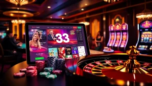 33win online gambling interface showcased in a luxurious casino environment with elegant poker tables and vibrant colors.