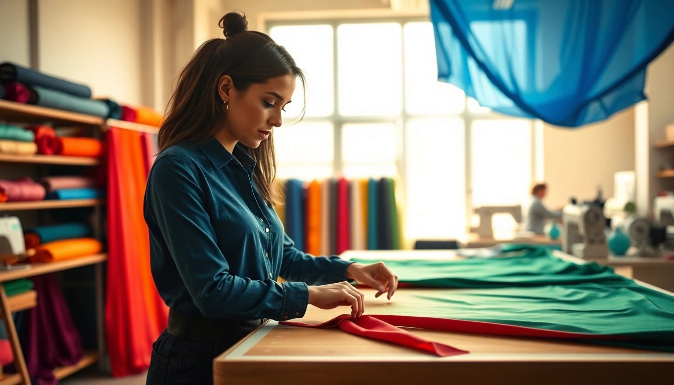 Ontwerper creëert unieke kledingstukken met stretch stof in een creatieve atelieromgeving.