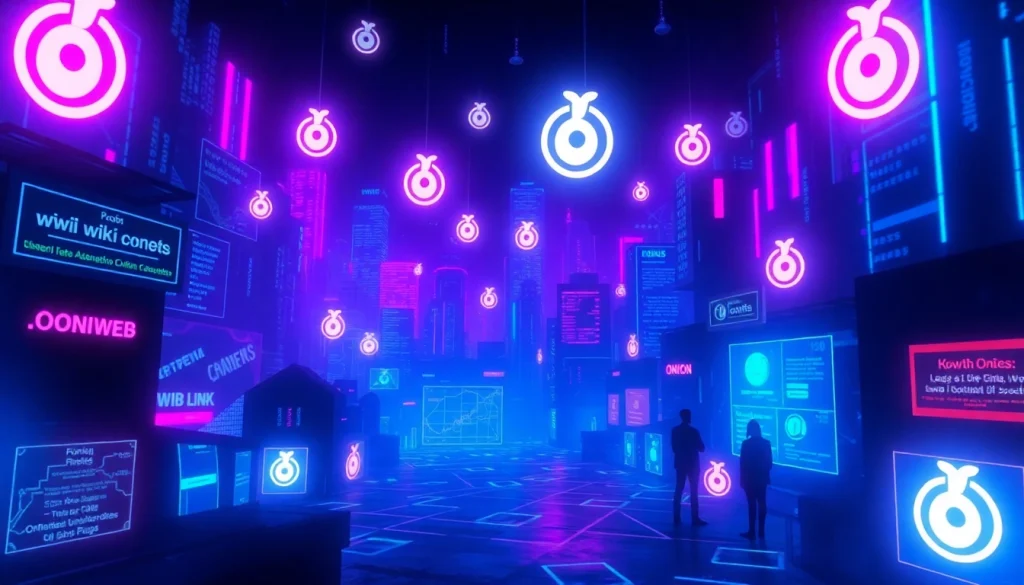 Intricate cyberpunk representation of a hidden wiki onion digital cityscape, highlighting neon .onion symbols and a mysterious atmosphere.