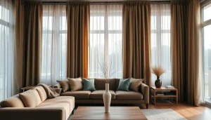 Verduisterende gordijnen creëren een warme en serene sfeer in de woonkamer.