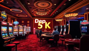 Rasakan sensasi bermain kasino dengan promosi Depo 5K yang ditonjolkan dalam suasana perjudian yang hidup.